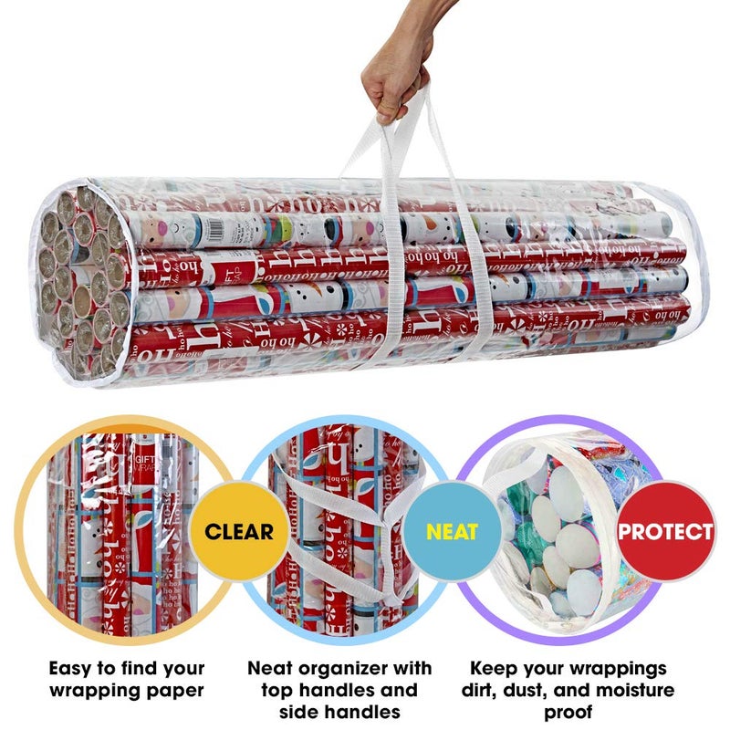 ProPik Gift Wrap Organizer, Wrapping Paper Storage Bag, Fits Holiday Papers 40 Inch Long, Holds Up To 24 Rolls, Heavy Duty Clear PVC Bag with Handles (White & Clear) - Image 3